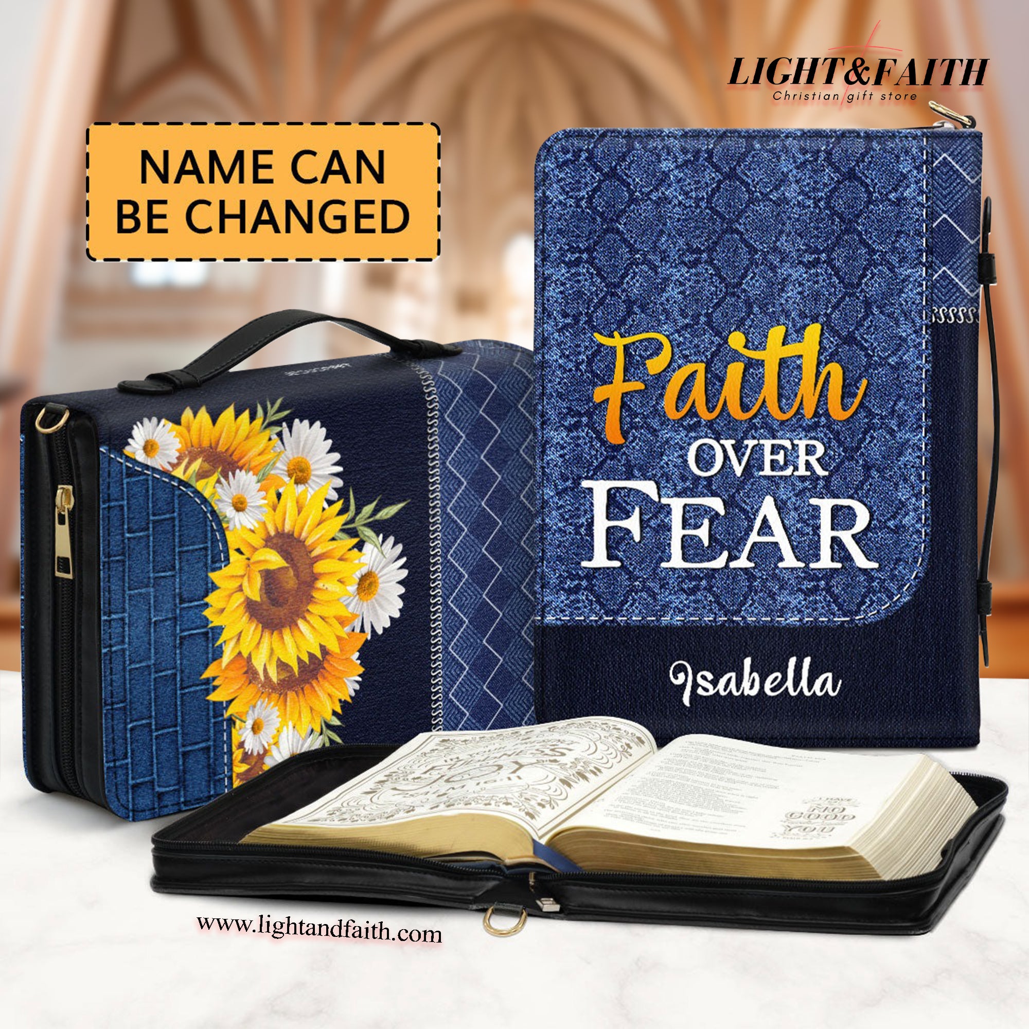 Faith Over Fear Leather Book Cover, Personalized Sunflower Bible Cover With Handle, Scripture Gifts For Christian Prayers, Christian Gift, Bible Covers Jesus Gifts